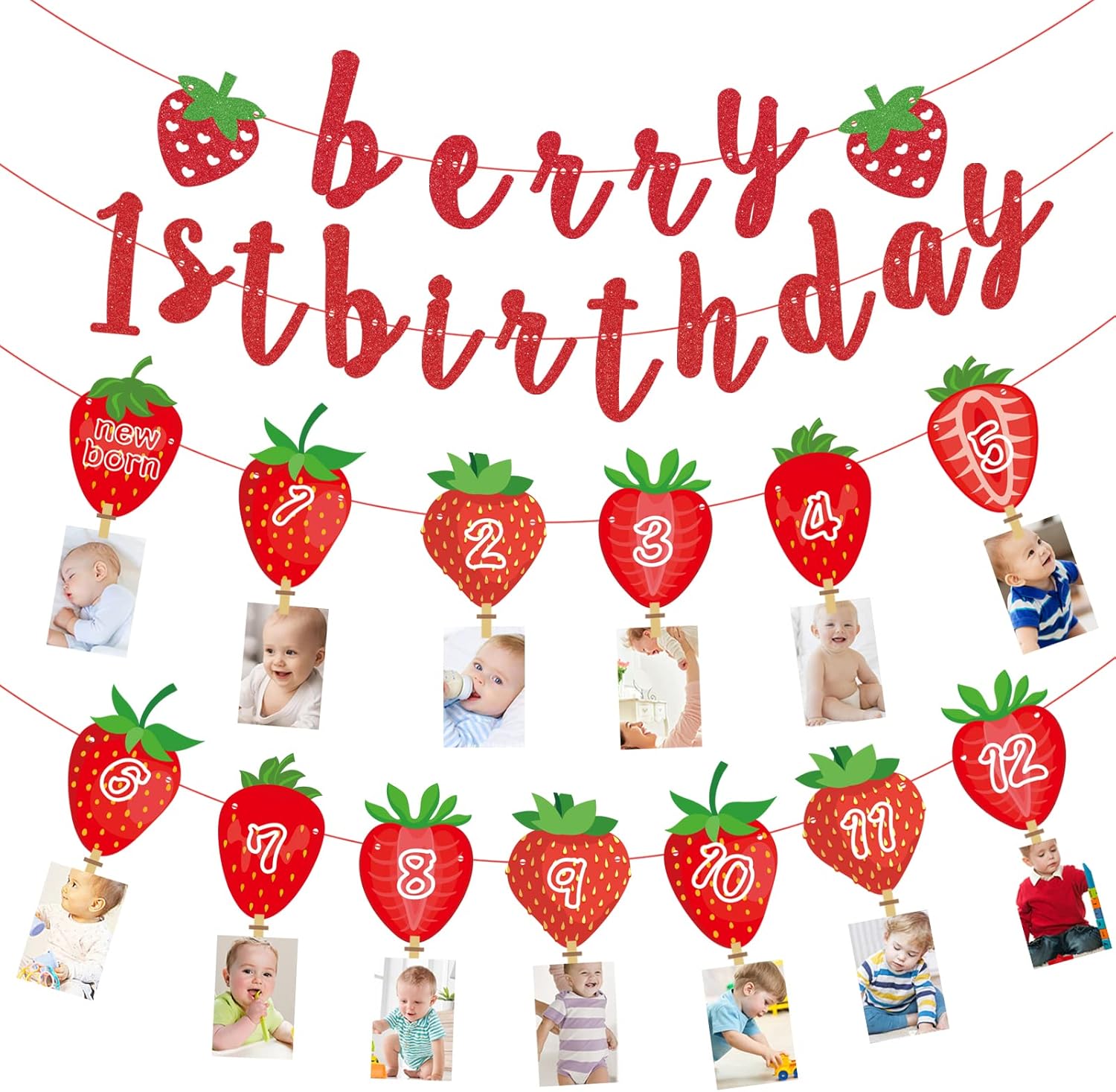 Strawberry 1st Birthday Photo Banner Baby Fruit Strawberry
