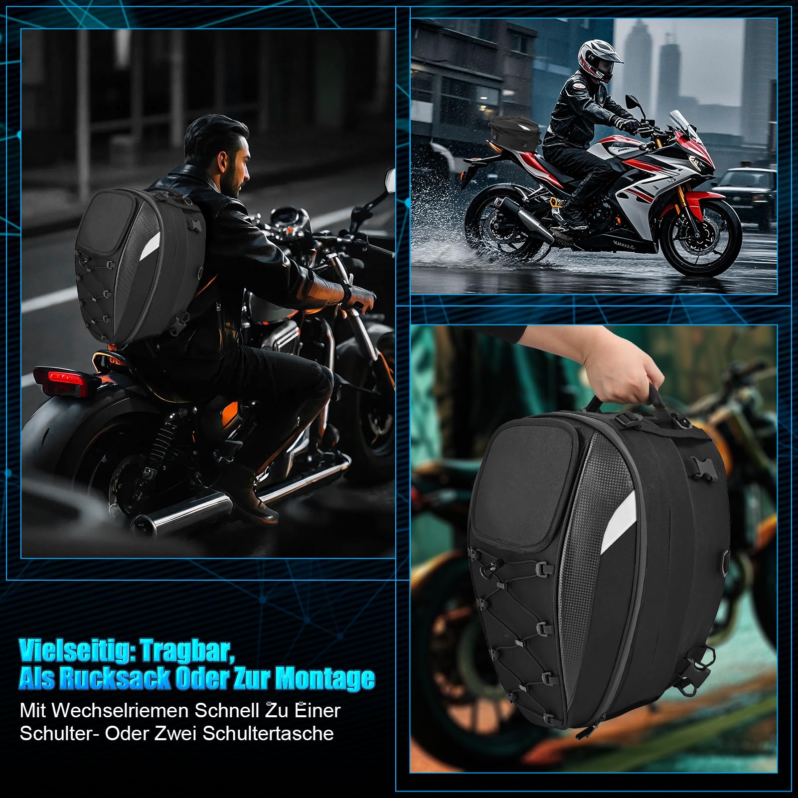 45L Motorrad-Hecktasche, Heckhelmtasche aus Oxford-Stoff, wasserabweisend, mit Reflektoren und Netzfach, erweiterbarer Rucksack mit Schultergurt Rückenpolster für Touren Pendler Fahrer Reise