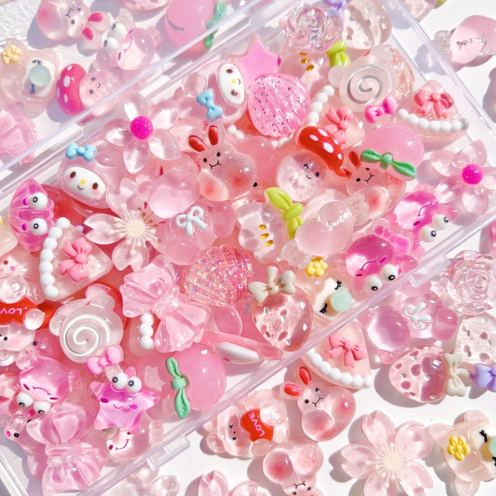FULUSODO 60pcs Slime Charms Cute Set, Pink Bright Bulk Mixed Resin Charms Set Ornament Scrapbooking (60 Pink Bright)