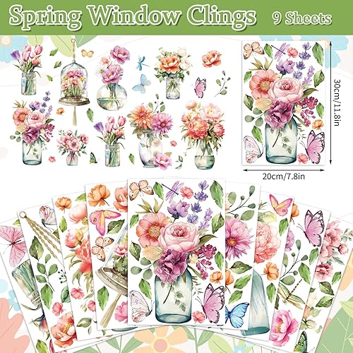 Miniatura 5 de Whaline 9 hojas de primavera y verano para ventana, florero de acuarela, mariposa, decoración estética de ventana floral de temporada para el hogar,