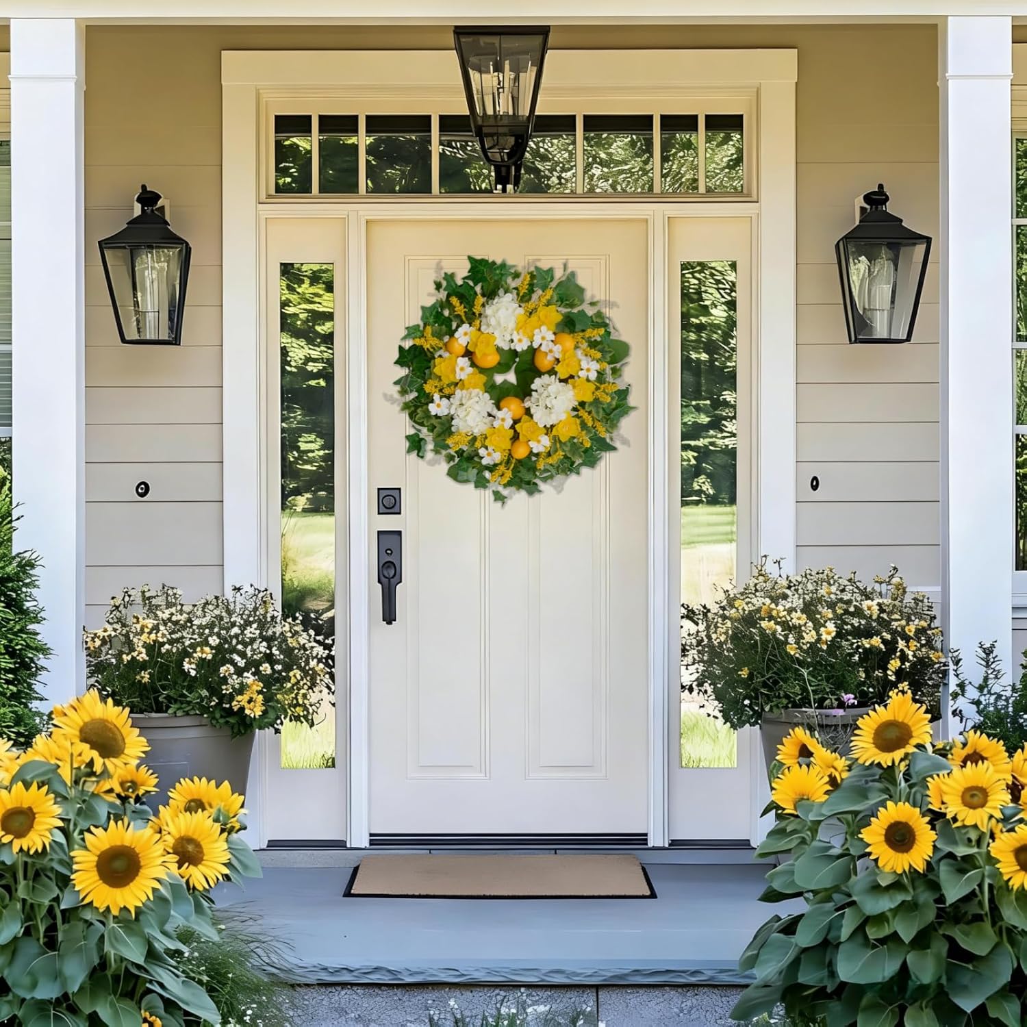24 Inch Artificial Lemon Wreath for Front Door – Yellow Daffodils, White Hydrangeas, Green Leaves with Wheat Stalks – Spring Summer Wreath for Wall, Window, Party Decor