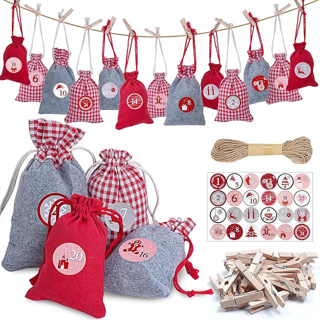 Fill Your Own Advent Calendar 2023, Christmas Advent Calendar Bags, Resusable Hanging DIY Advent Calendar Kit, Make Your Own Advent Calendars for Christmas Decorations by Jiosdo