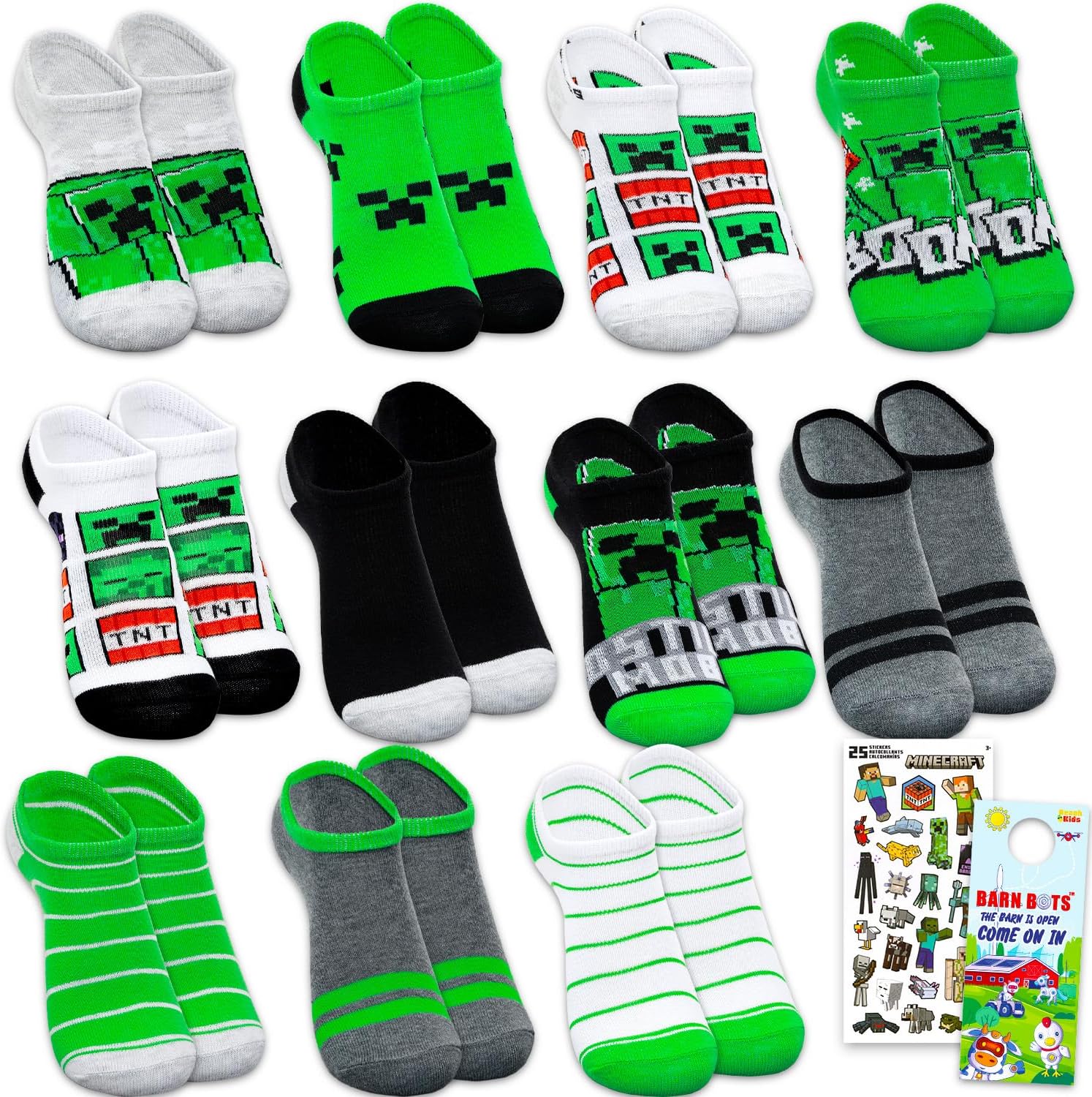 Minecraft ソックスセット - アクセサリーセット ノーショーソックス12足入り キッズサイズ10~4歳、6~8歳以上のステ