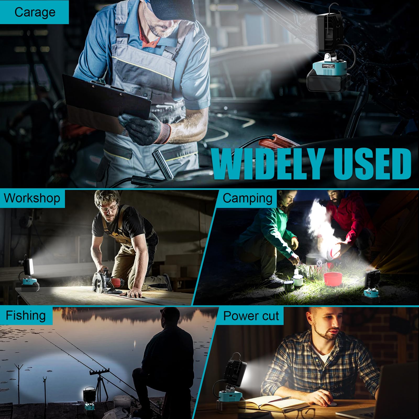 LIVOWALNY Lampe LED Rechargeable Compatible avec Makita 18V Batterie, 48 W Projecteur LED Chantier à Double Interrupteur avec Type C/USB Lampe de Travail Pour Camping, Chantier(Outils Uniquement)