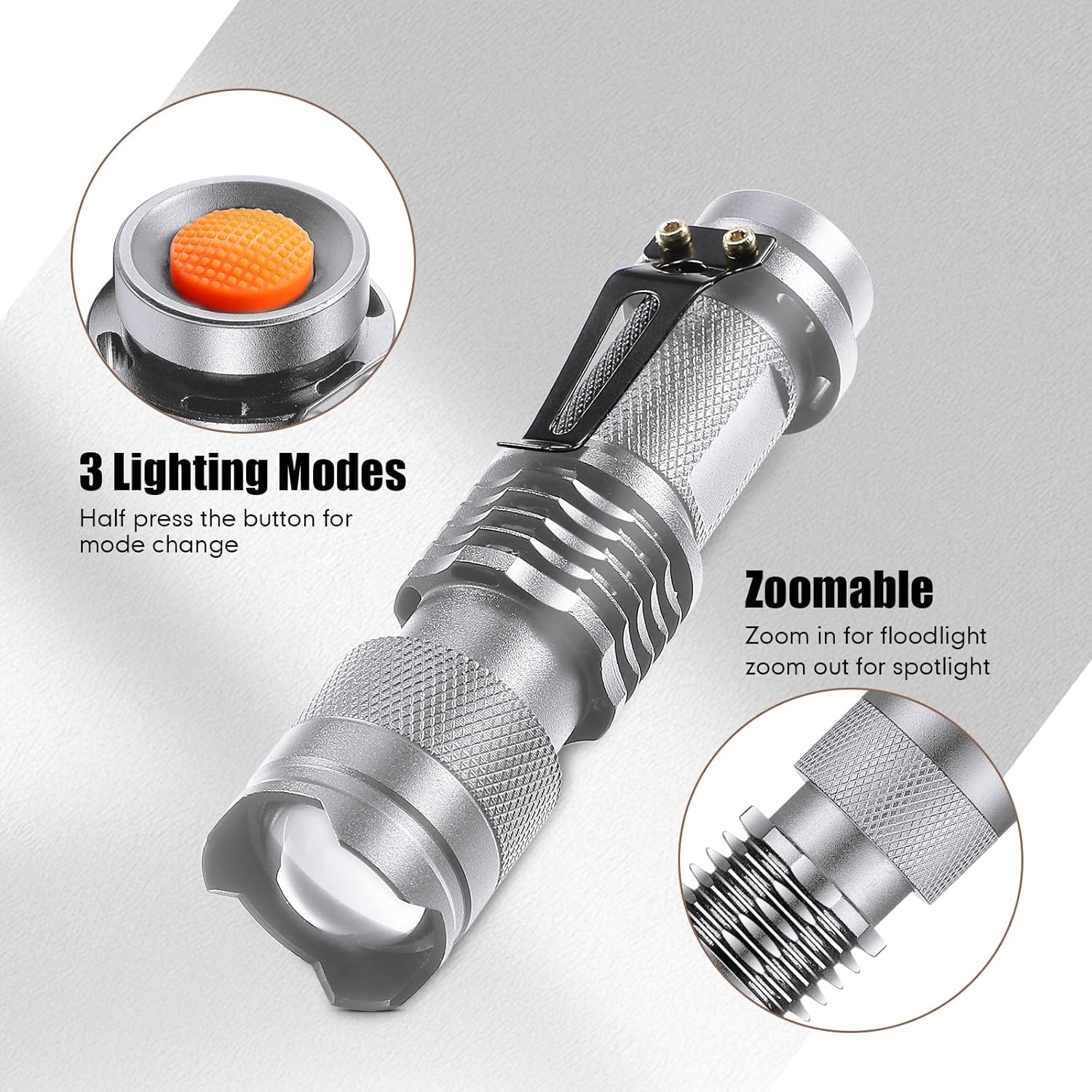 Mudder 10 Pack Mini LED Flashlight 3 Lighting Modes Small Adjustable Handheld Flashlight with Belt Clip for Camping Home Hiking Outdoor Work(Silver,White Light)
