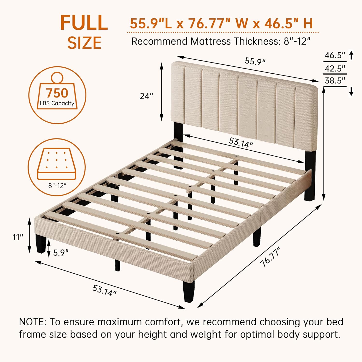 Full Bed Frame Platform with Adjustable Upholstered Headboard Mattress Foundation No Box Spring Needed Easy Assembly Noise-Free, Beige