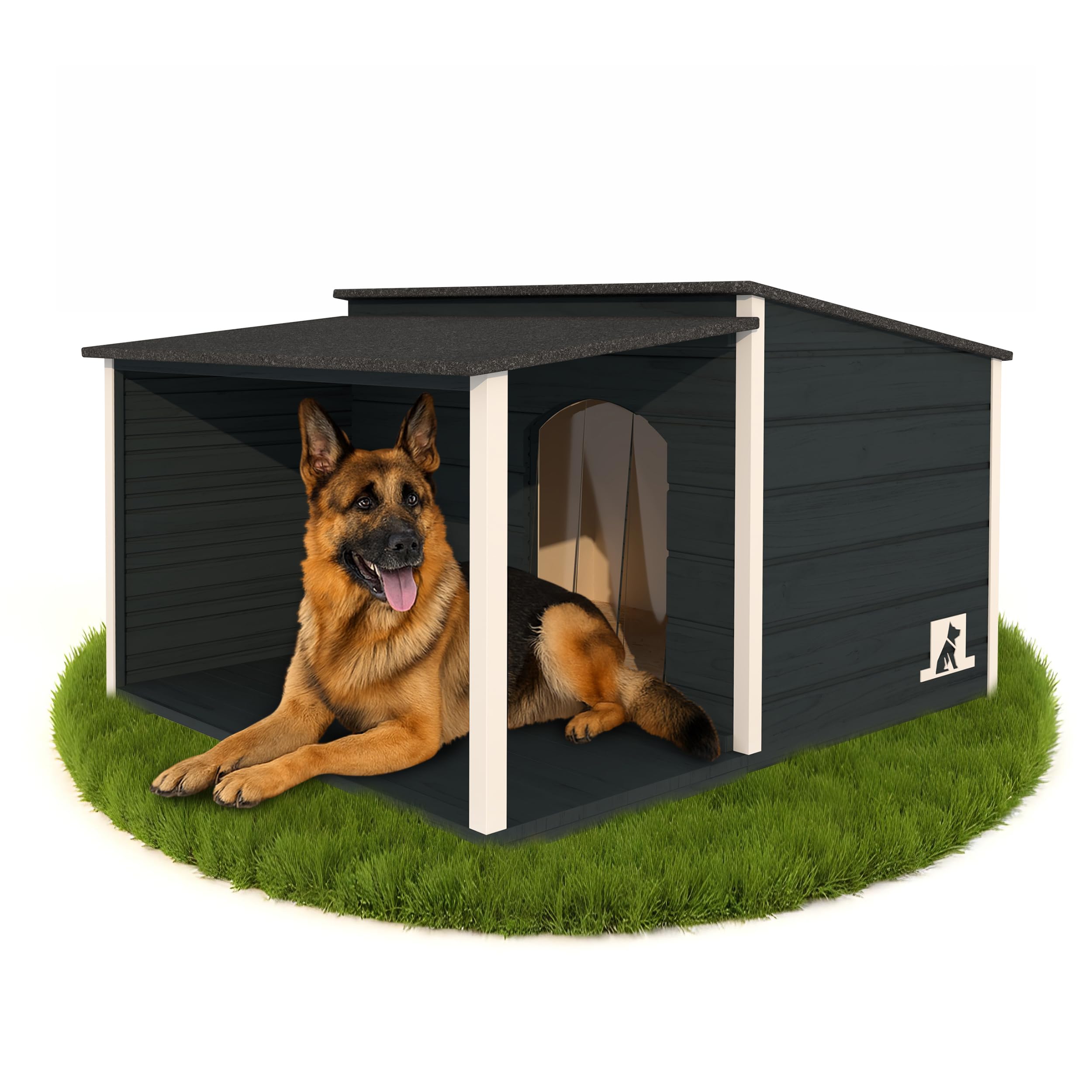 Outentin Niche pour Chien Isolée XL – Maison Chien Extérieur avec Toit Plat & Terrasse – Grande Niche Jardin Bois pour Grand chiens – Hutte Stable et Étanche avec Isolation – 123x105x73 cm, Anthracite