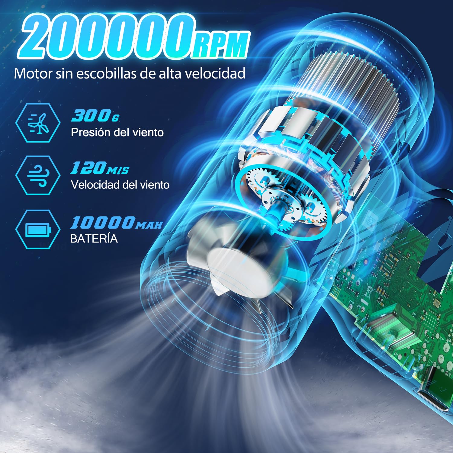 Soplador de Polvo Eléctrico 200000RPM,3 Velocidades Recargable Aire Comprimido Limpieza PC con Batteria10000mAh, Soplador Aire Comprimido para Laptop, Teclado, Casa y Auto.