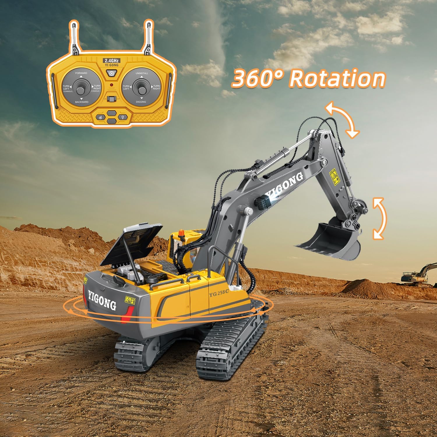 Remote Control Excavator - 1:20 RC Excavator Toys for Boys, 14 Channel with Sound/Light, RC Digger Construction Toys Gifts for Kids Age 5 6-10 Years Old