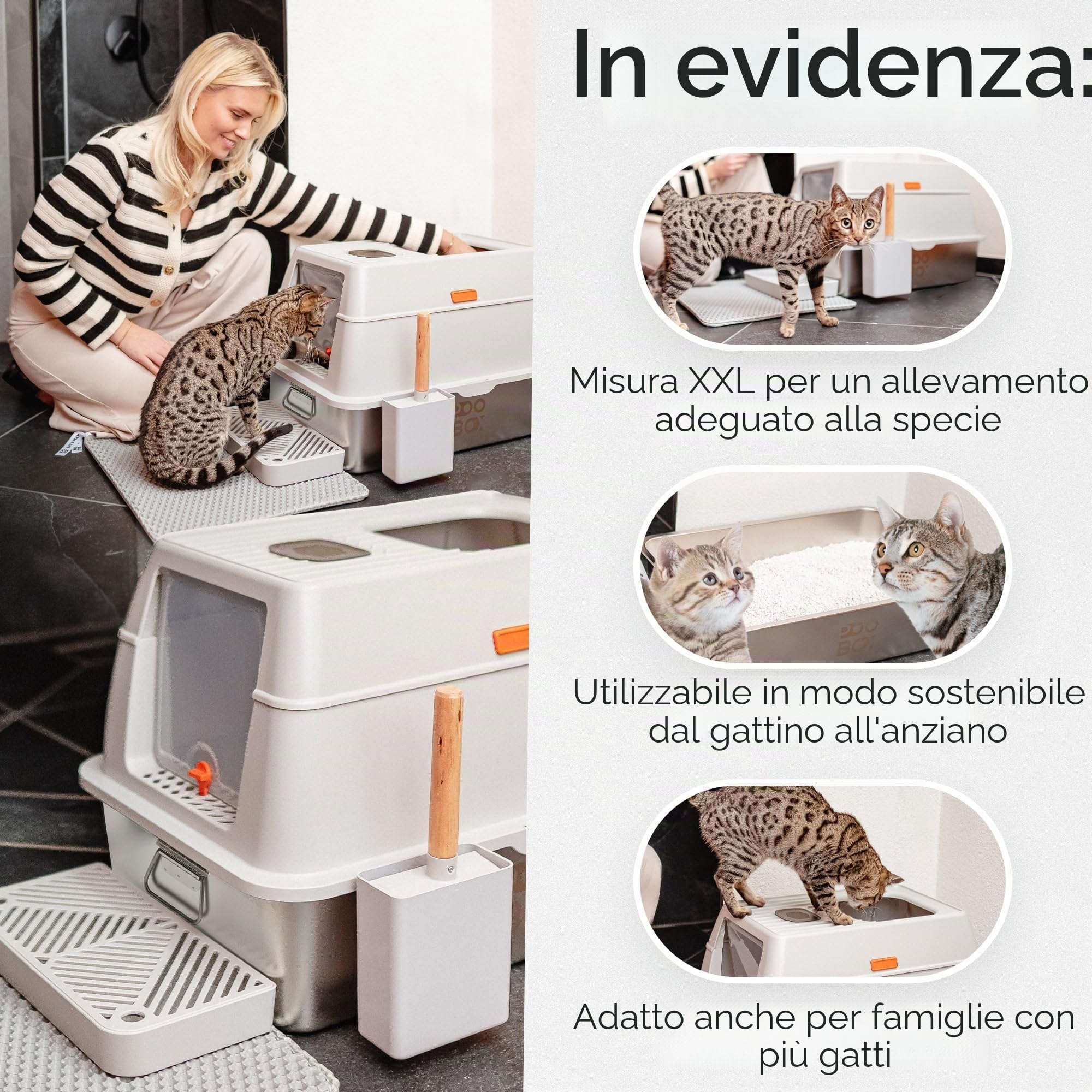 Lettiera per gatti in acciaio inox con coperchio a tenuta stagna, 3 in 1, chiusa, aperta, con filtro antiodore, tappetino e gradino, in acciaio inox, per gatti