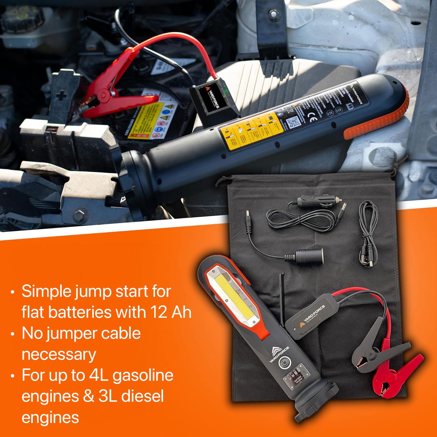 Yard Force - Innovative Starthilfe Powerbank LX JS12 Set | 12.000 mAh & LED Taschenlampe | tragbare Notfall Starter Powerbank | bis 4 Liter Benzin- und 3 Liter Dieselmotoren