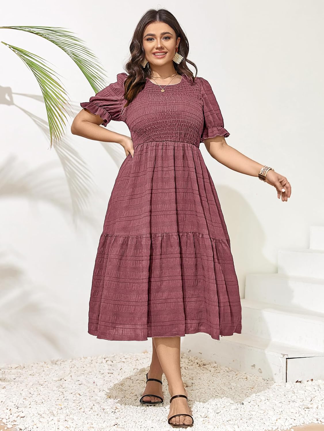 SCOMCHIC Womens Plus Size Summer Dresses 2025 Casual Puff Short Sleeve Crewneck Smocked Flowy Ruffle Boho Party Maxi Dress - Image 3