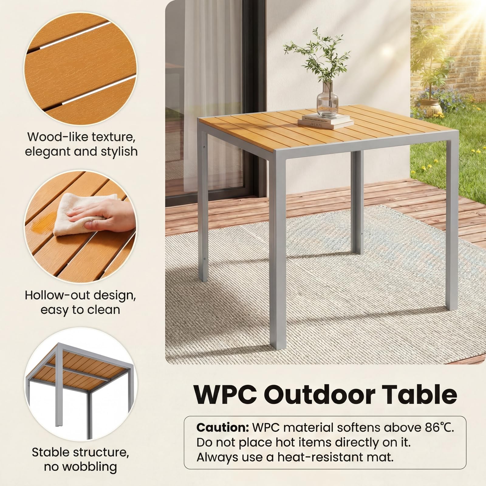 LIFERUN Alu Gartenmöbel Set 5-TLG, Balkonset 4 Stühle 1 Tisch, WPC Gartentisch + 4er Hochlehner Gartenstuhl Klappbar Wetterfest Aluminium Balkonmöbel für Veranden, Terrassen, Teakbraun+Hellgrau5pcs