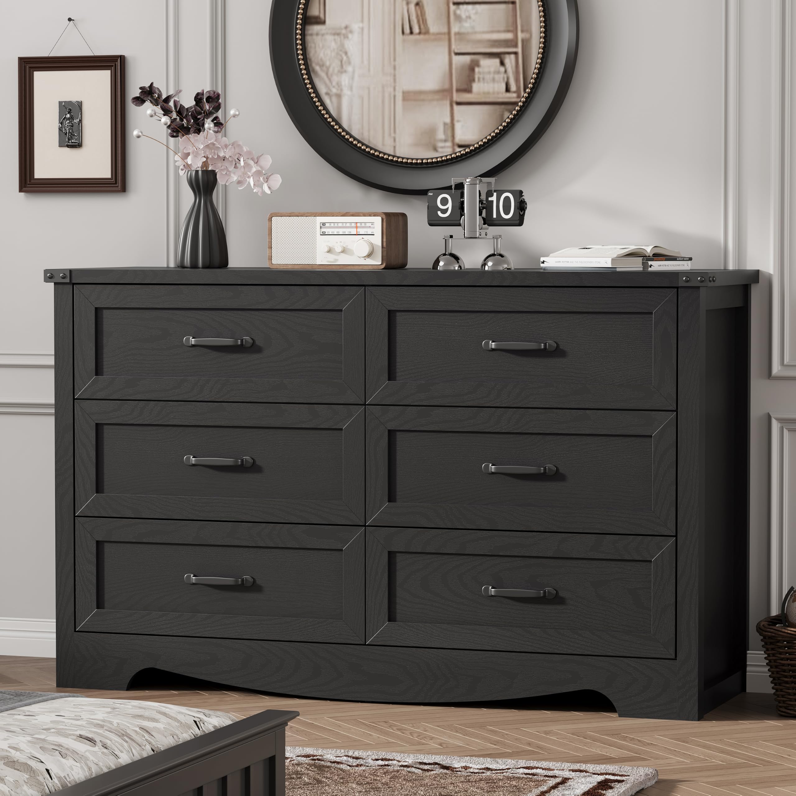 Dresser for Bedroom with 6 Drawers, 54" Wide Wood Chest of Drawers with Deep Drawers &amp; Mental Handle, Modern Dresser TV Stand, Wooden Closet Storage Organizer for Living Room, Hallway, Entryway, Black
