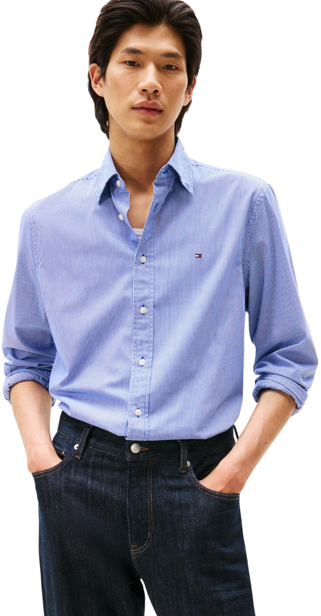 Tommy Hilfiger Men’s Flex Poplin Micro Gingham Regular Fit Shirt, Multicolor (Wedge Blue/Check), XXL