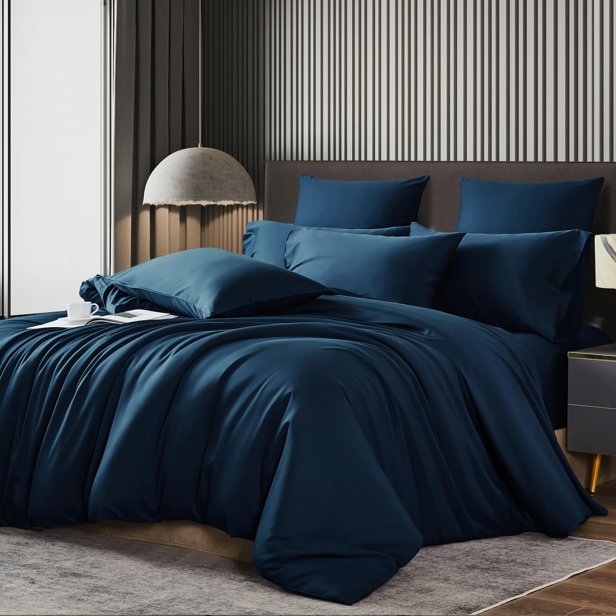 Luowei Bambus Bettwäsche 155x220 cm 3 Teiliges Dunkelblau Premium Kühlende Sommer Bettwäsche Weich Atmungsaktiv Bettbezüge Set 100% Bambus Lyocell mit Reißverschluss und 2 Kissenbezüge 80x80 cm