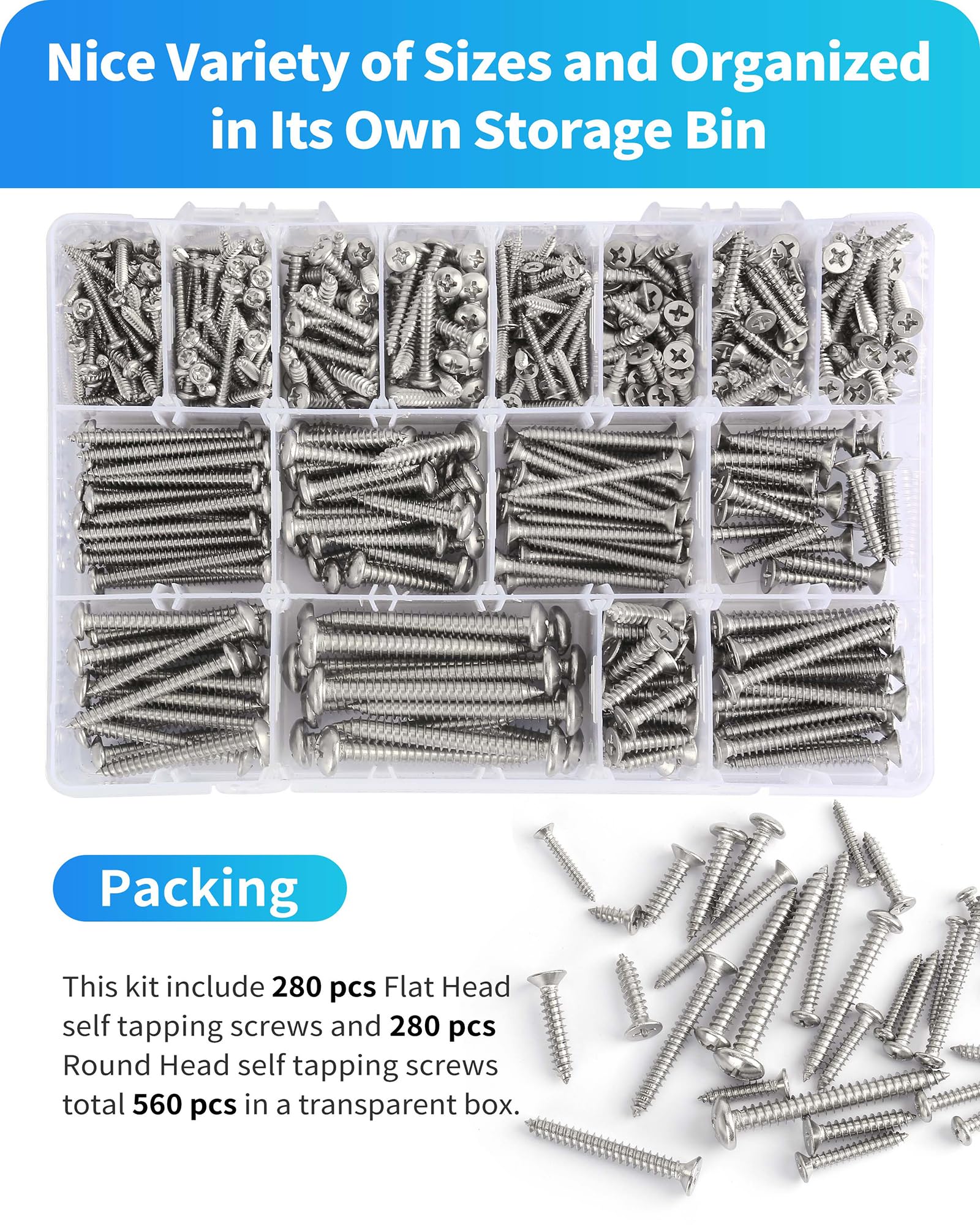 DIVANC 560Pcs 304 Stainless Steel Self Tapping Screws Assortment Set, M3/M4/M5/M6 Flat Head & Round Head Self Tapping Screws Assortment Set, Phillips Drive Wood Screw Assortment Kit - Image 6