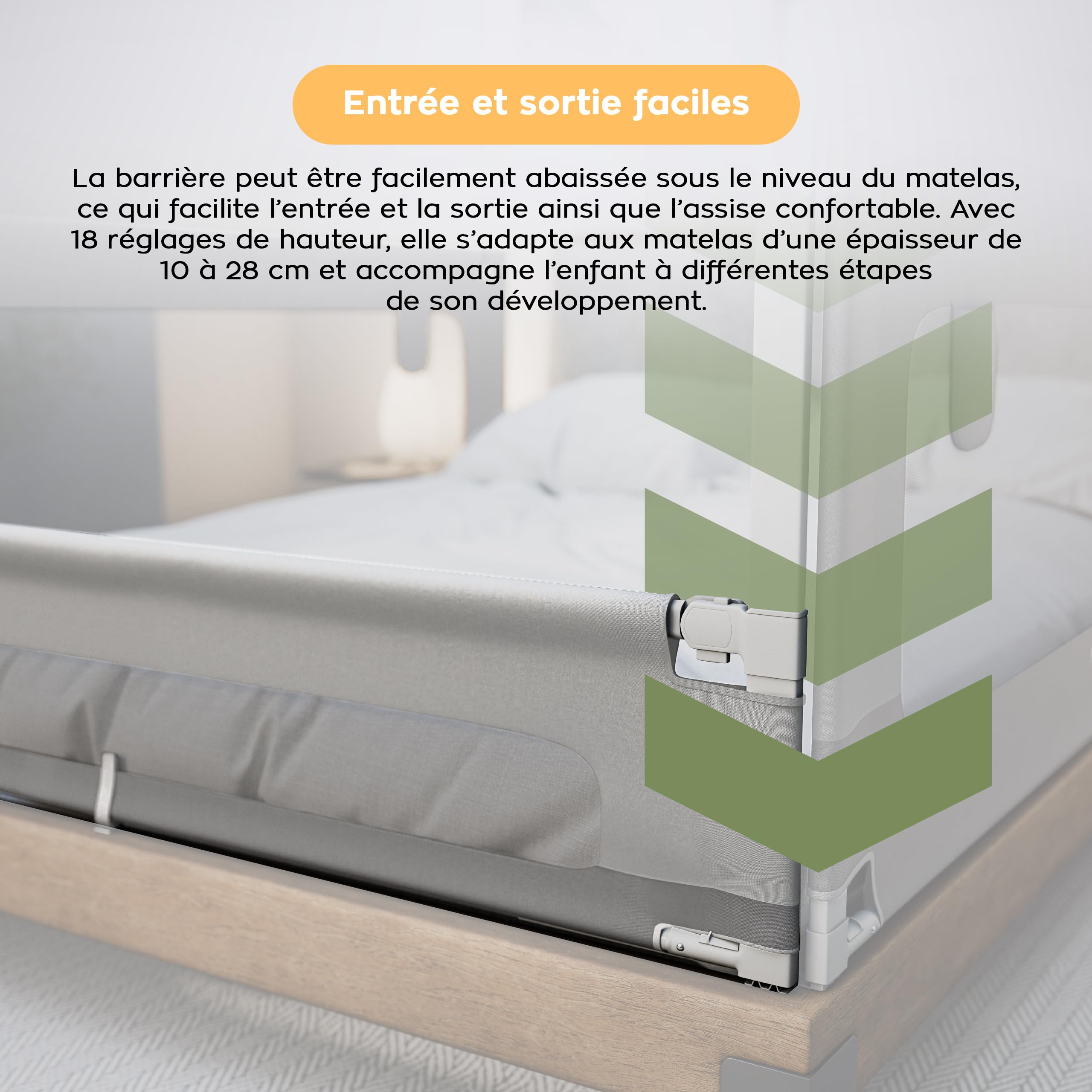 TULANO Cover 40 – Barrière de lit pour Enfant 200 cm – Barrière de sécurité Rabattable – Réglable en Hauteur – Protection Anti-Chute – Compatible lit Adulte – Matelas 10–28 cm – Blanc/Gris