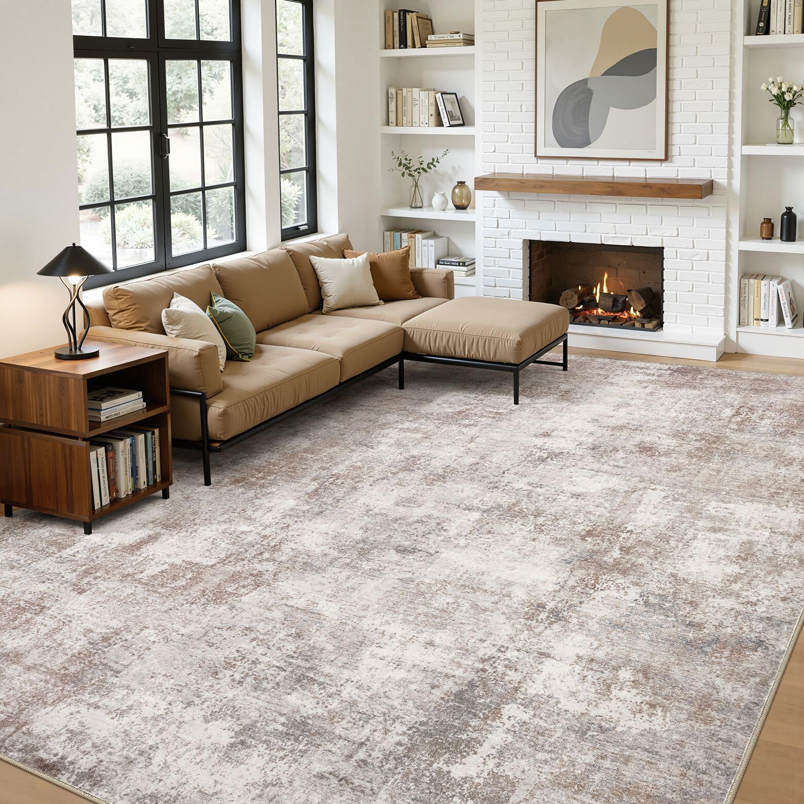Photo 1 of 10x14 Washable Area Rugs for Living Room, Non Slip Soft Large Rugs for Bedroom Dining Room, Modern Abstract Low Pile Stain Resistant Carpet for Laundry Office Home Decor - Brown