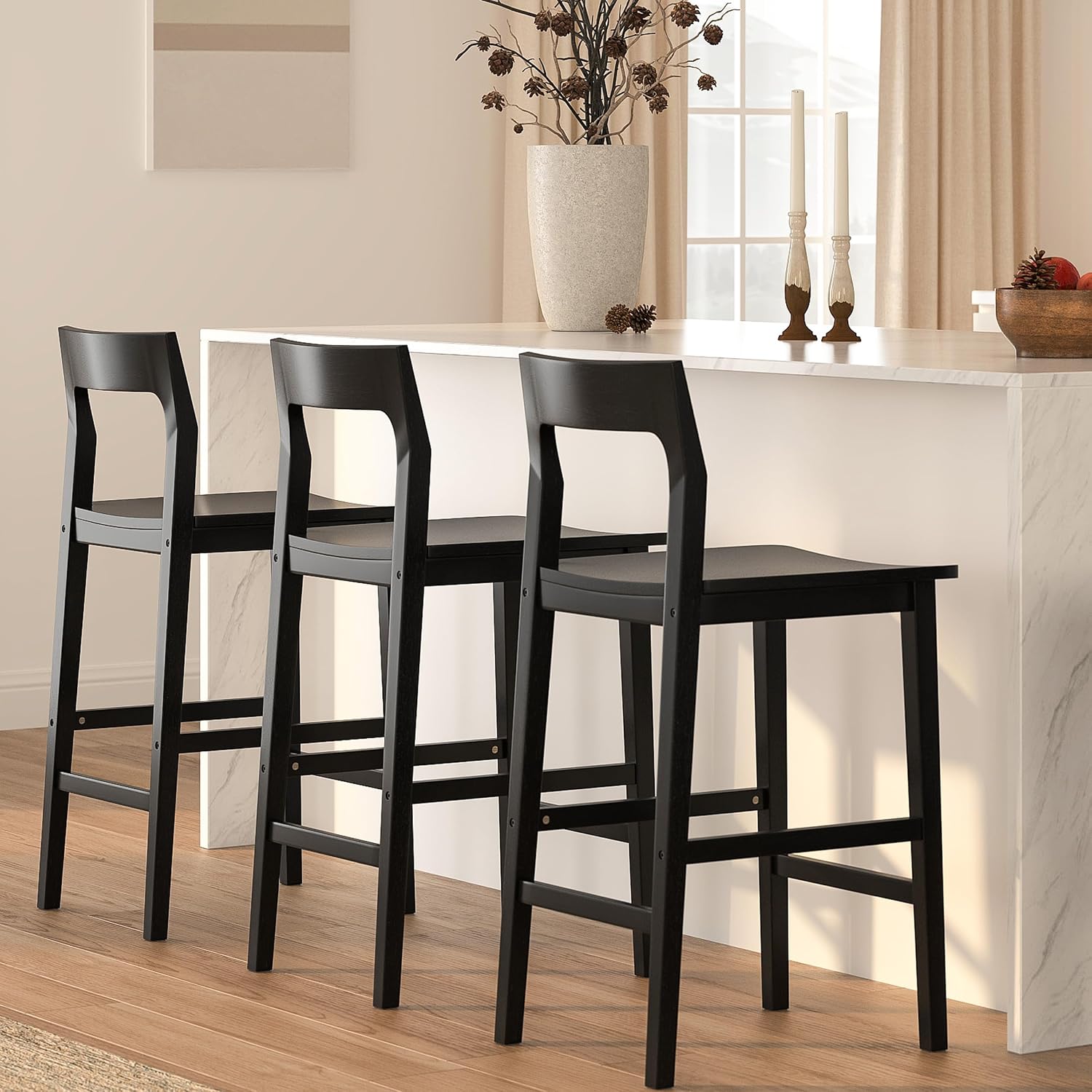Wood Bar Stools Set of 2, Counter Height Barstools Armless Farmhouse Wooden Bar Dining Chairs with Solid Wood Legs for Kitchen Island Cafe Pub Black