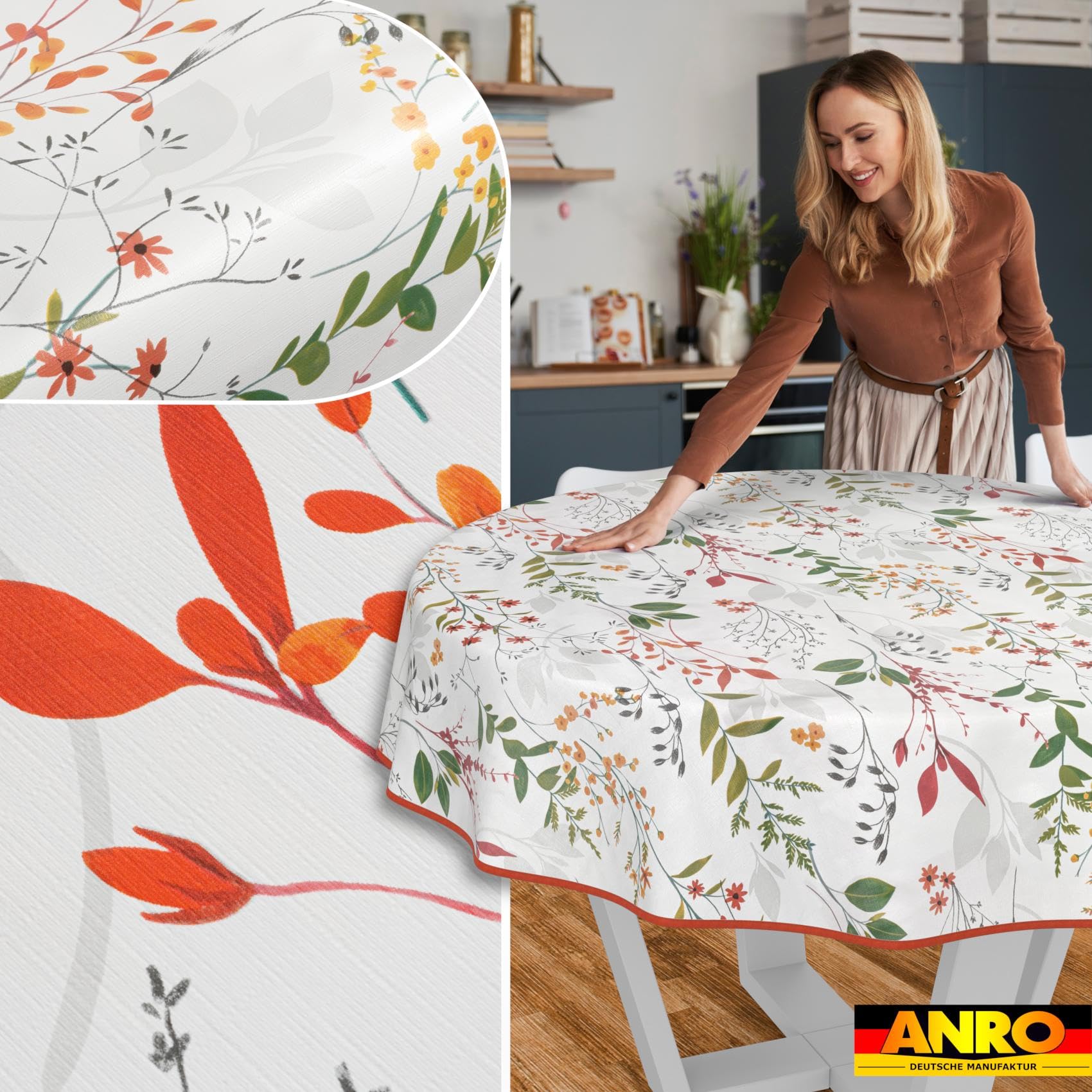 Mantel de Hule Lavable, fácil de Limpiar, Impermeable, Efecto Loto, para jardín, Natural, Redondo, 140 cm, con Dobladillo (Ribeteado)