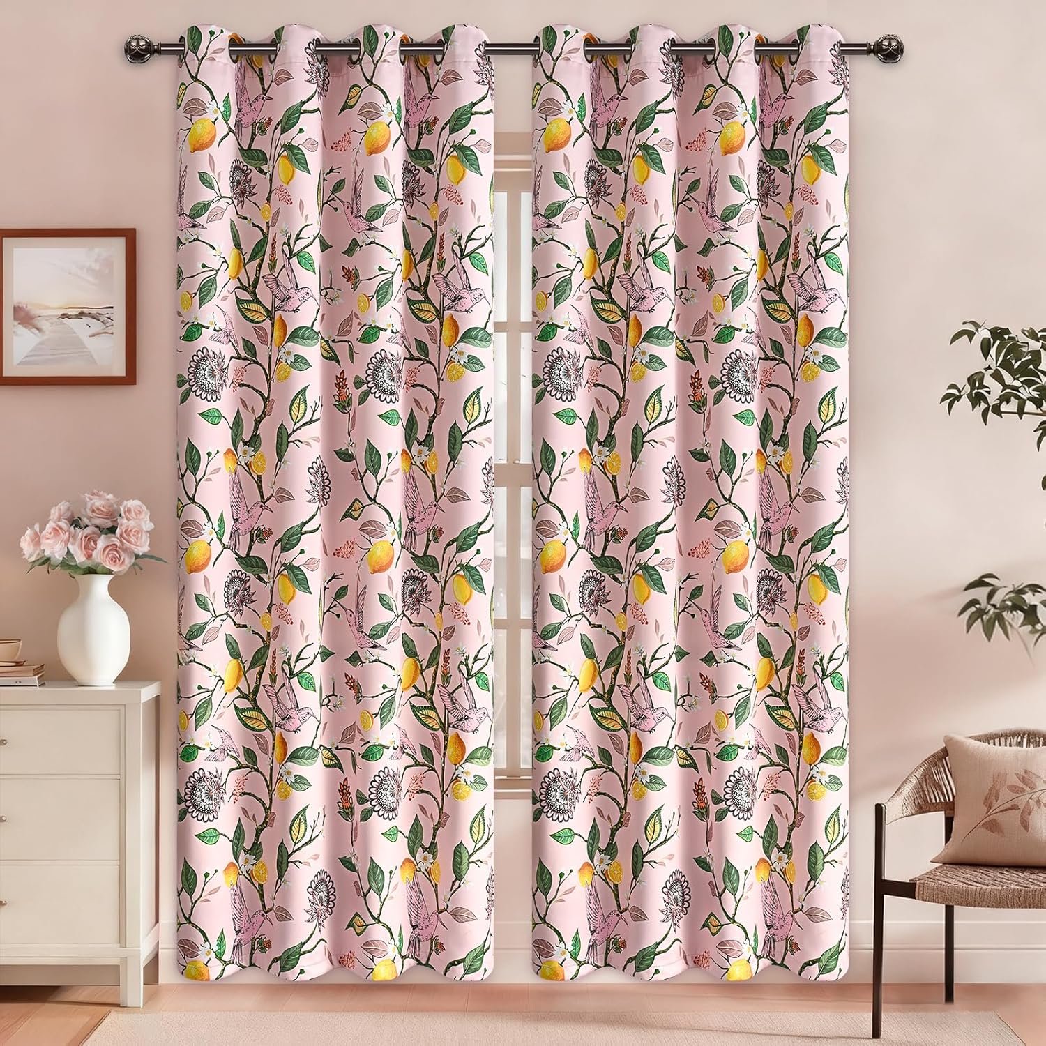 FRAMICS 100% Blackout Curtains for Bedroom Floral Curtains for Living Room 84 Inches Long, Luxury Patterned Pink Curtain for Girls Room Lemon Hummingbird Grommet Thermal Insulated Drapes, 2 Panels