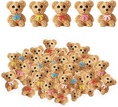 50pcs Mini Resin Teddy Bears, 5 Colors Cute Miniature Figurines Bowknot Bears Figure Tiny Resin Animals Statues for Fairy Garden Dollhouse Car Birthday Wedding Party Decoration