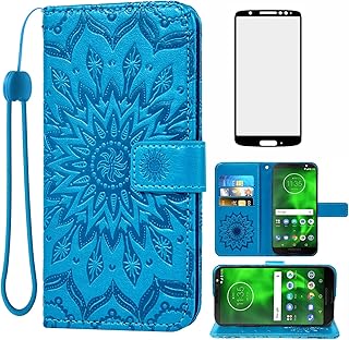 Phone Case for Motorola Moto G6 Wallet Cases with Tempered Glass Screen Protector Leather Flip Cover Card Holder Stand Cell Accessories MotoG6 G 6th Gen 6 6G XT1925DL XT1925-6 Moto6 Women Men Blue