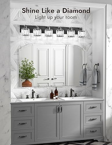 Miniatura 5 de VOLISUN Luces de tocador de cristal para baños, luz de tocador de baño de 6 luces, moderna luz de baño negra mate sobre espejo, accesorios de luces