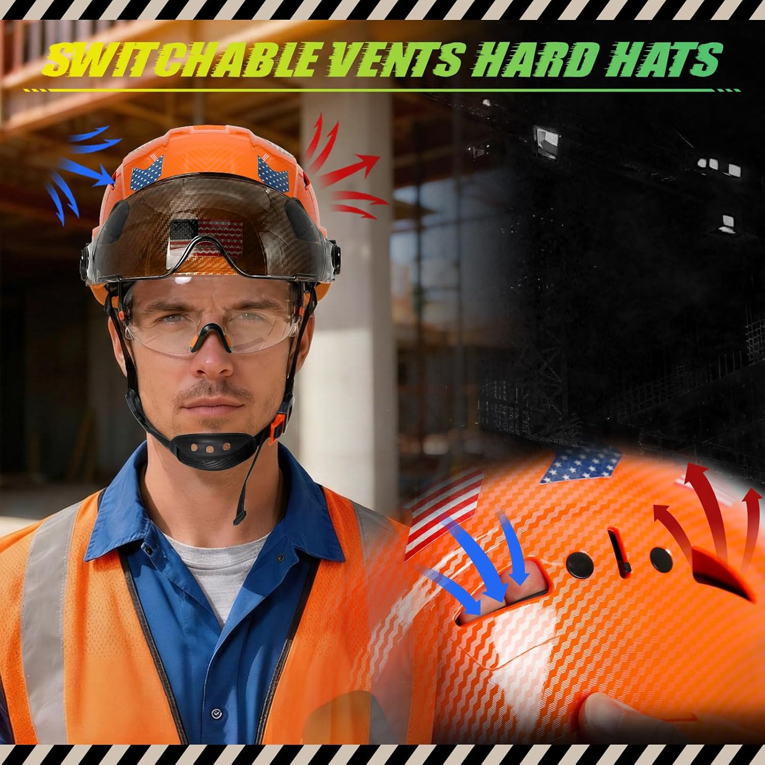 Carbon Fiber Pattern Hard Hat with Visor - Hard Hats with Double Safety Glasses Construction OSHA Approved for Men,Vented Safety Helmet with Chin Strap,ANSI Z89.1 Type 1 Hardhats