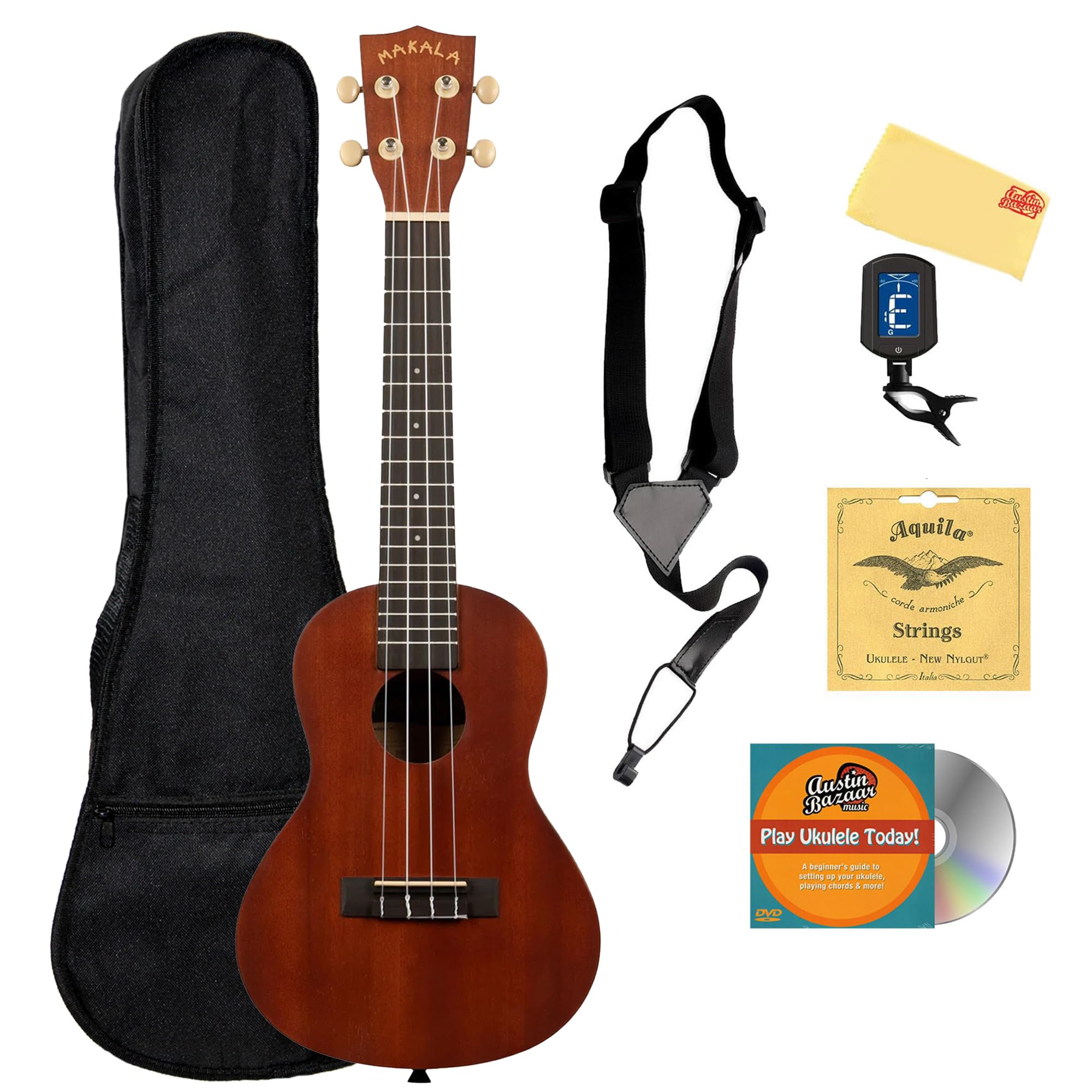 Kala MK-C Makala Concert Ukulele Bundle with Gig Bag, Tuner, Strap, Aquila Strings, Online Lessons, Austin Bazaar Instructional DVD, and Polishing Cloth