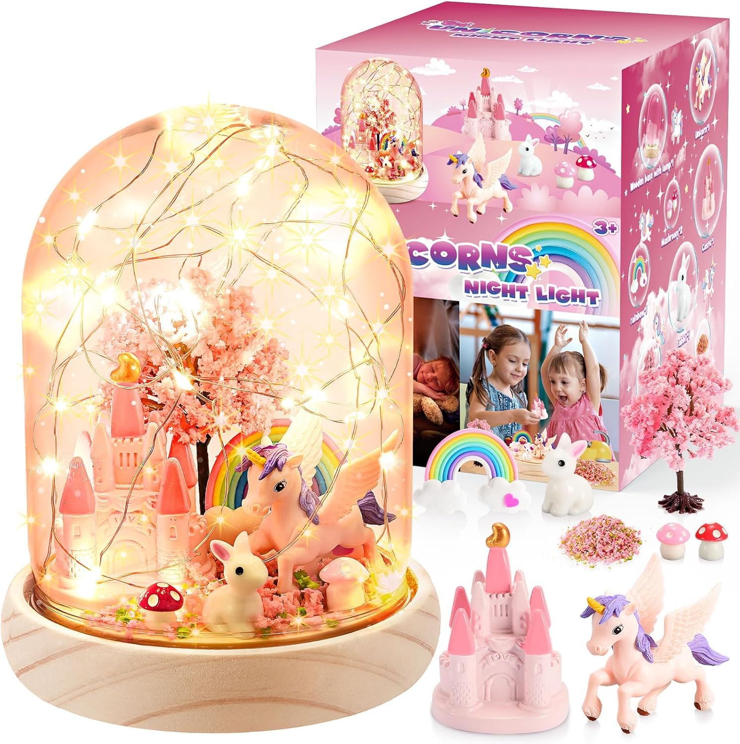 HappyGoLucky Bastelset Kinder - Einhorn Mädchen Spielzeug Geschenk ab 3-10 Jahre - Weihnachts Geschenke für Mädchen - DIY Nachtlicht Kinder - Sockel aus Holz mit 10+ Zubehörteilen