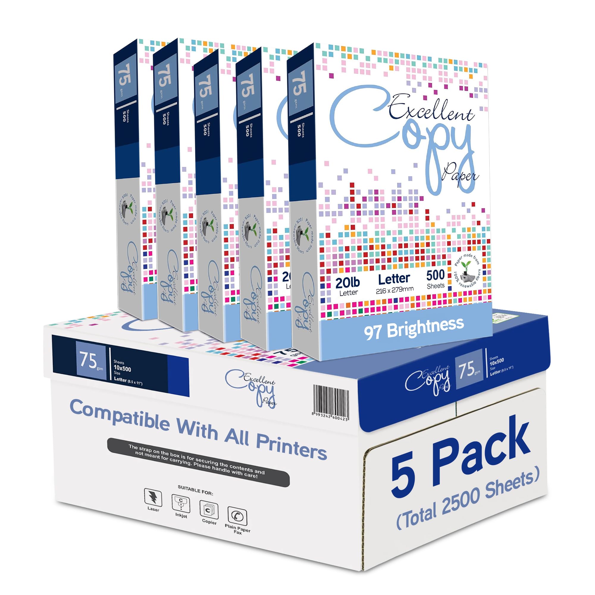 Excellent Copy Paper, 20 lb, Letter Size 8.5” x 11”, 97 Brightness, 2500 Sheets (5 Pack) – 75 GSM Printer Paper for Laser, Inkjet, Copier & Fax – Jam-Free, Smooth Surface, PEFC Cer image 2