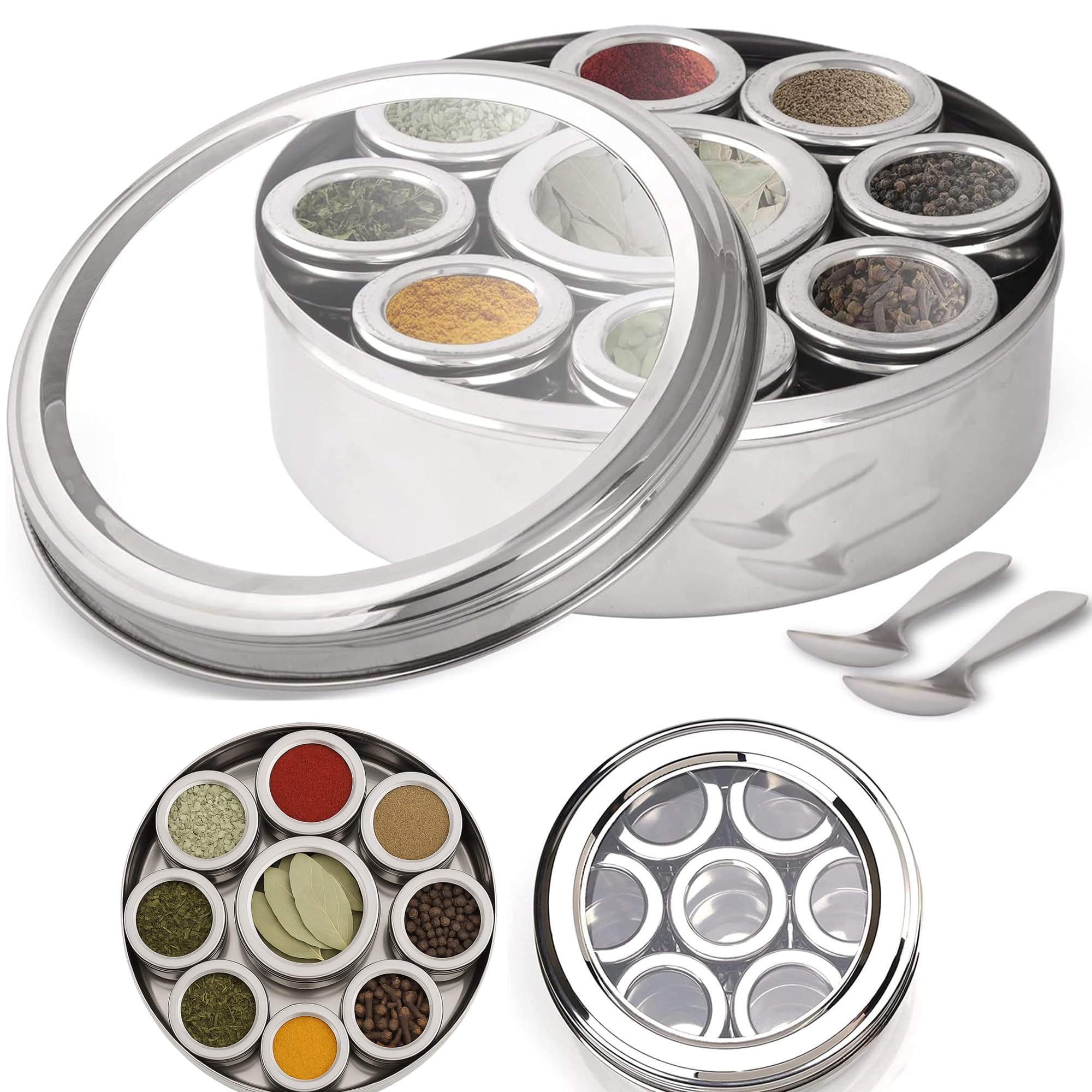 Premium Spice Tin Masala Dabba - Indian Spice Box, Transperent Lid, 9 Compartments with Individual Lids, Highest food grade Stainless Steel Tin, with 2 FREE Serving spoon (22cm, Transparent Lid)