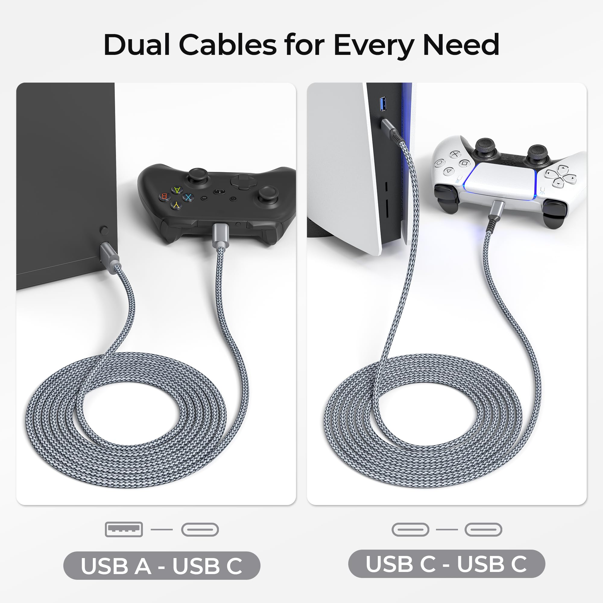 Basesailor para XBox Series X|S Cable Cargador 2M 2Pack,PS5 Pro Controller Cable de carga USB tipo C para Nintendo Switch 2/OLED/Lite,Elite Series 2,para PlayStation 5 DualSense Controller