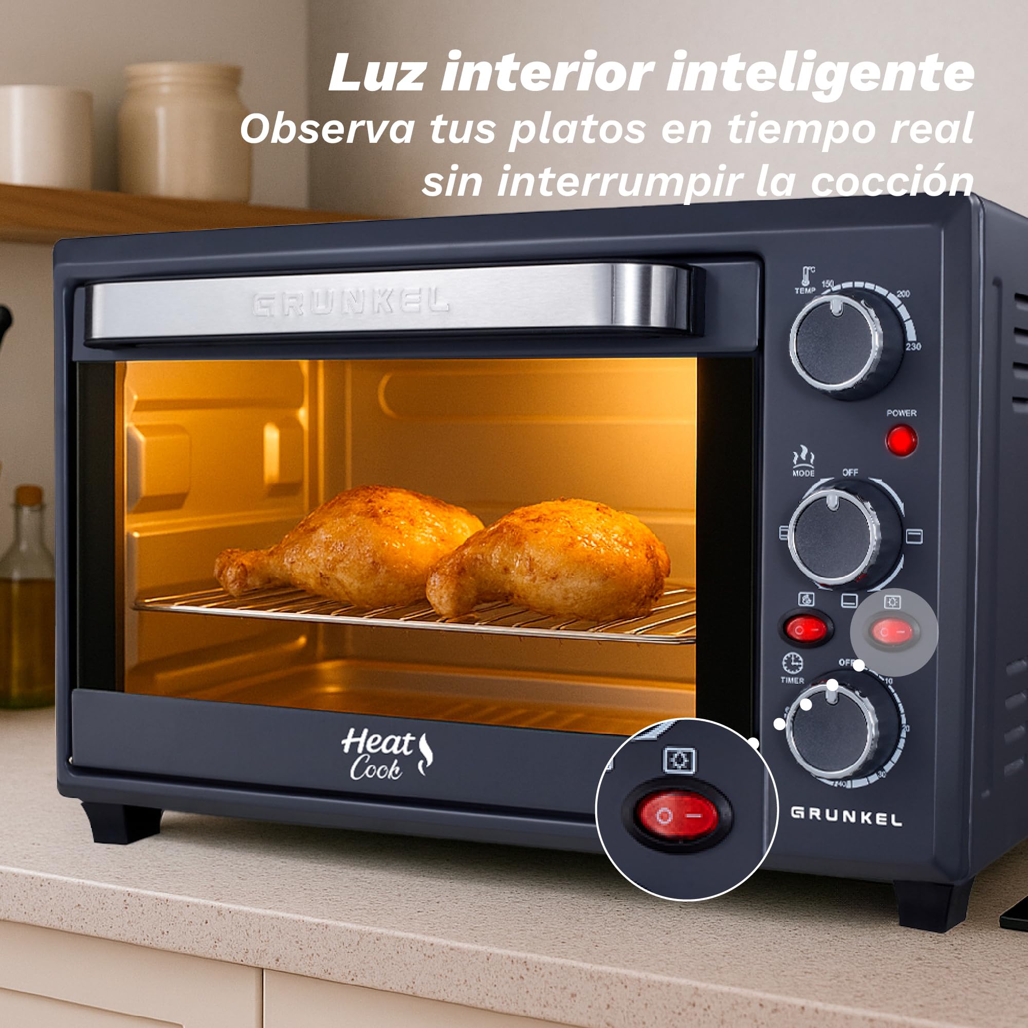 Grunkel Forno elettrico multifunzione da tavolo da 28 l con 3 funzioni di calore e selettore di temperatura fino a 230 °C. Timer fino a 60 min - 1600 W