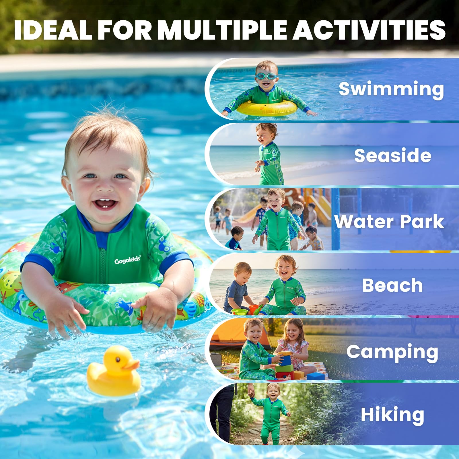 Gogokids Costume da bagno termico per bambini da 0 a 3 anni, con cerniera frontale, con fodera in pile, a maniche lunghe, per nuoto, spiaggia e giochi d'acqua