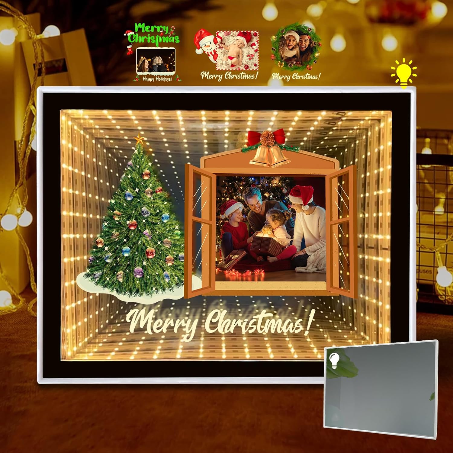 Personalized Infinity Mirror Tunnel Light with Photo/Text, Custom Christmas LED Night Light 3D Mirror Desktop Photo Frame with Light, Home Decor Makeup Mirrors Gifts for Christmas