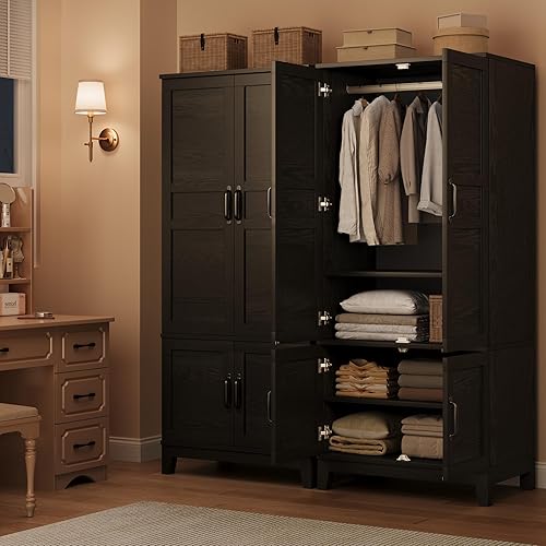 Miniatura 5 de GarveeHome Armario Armario con 4 puertas, armario de madera de 72 pulgadas con barra para colgar, armario de almacenamiento alto independiente