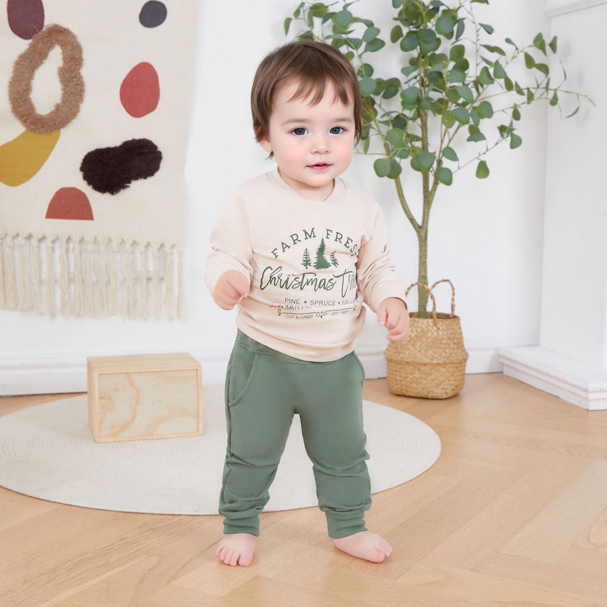 VISGOGO Baby Boy Christmas Outfits Letter Print Long Sleeve Pants Toddler Christmas Fall Winter Clothes (Apricot, 0-6 Months)