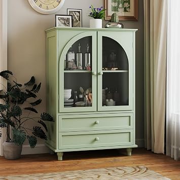 Small Display Cabinet with Arched Glass Doors, Modern Storage Cabinets with Drawers, Sideboard Cupboard Wood Wooden Freestanding Floor Cabinet for Living Room, Dining Hallway Entryway, Green