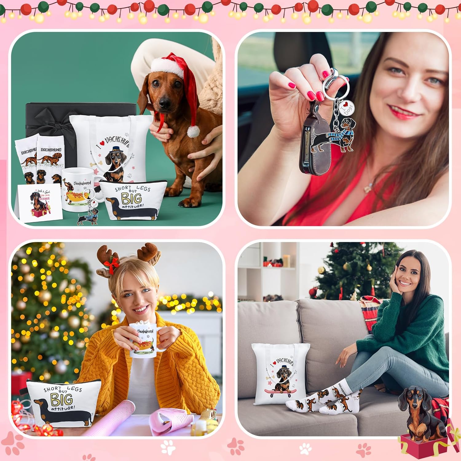 7 Pcs Christmas Dachshund Gift Sets for Women Include Weiner Dog Keychain Cosmetic Bag Socks Mug Tote Bag Cards with Gift Box for Christmas Dachshund Lovers Gifts - Image 6