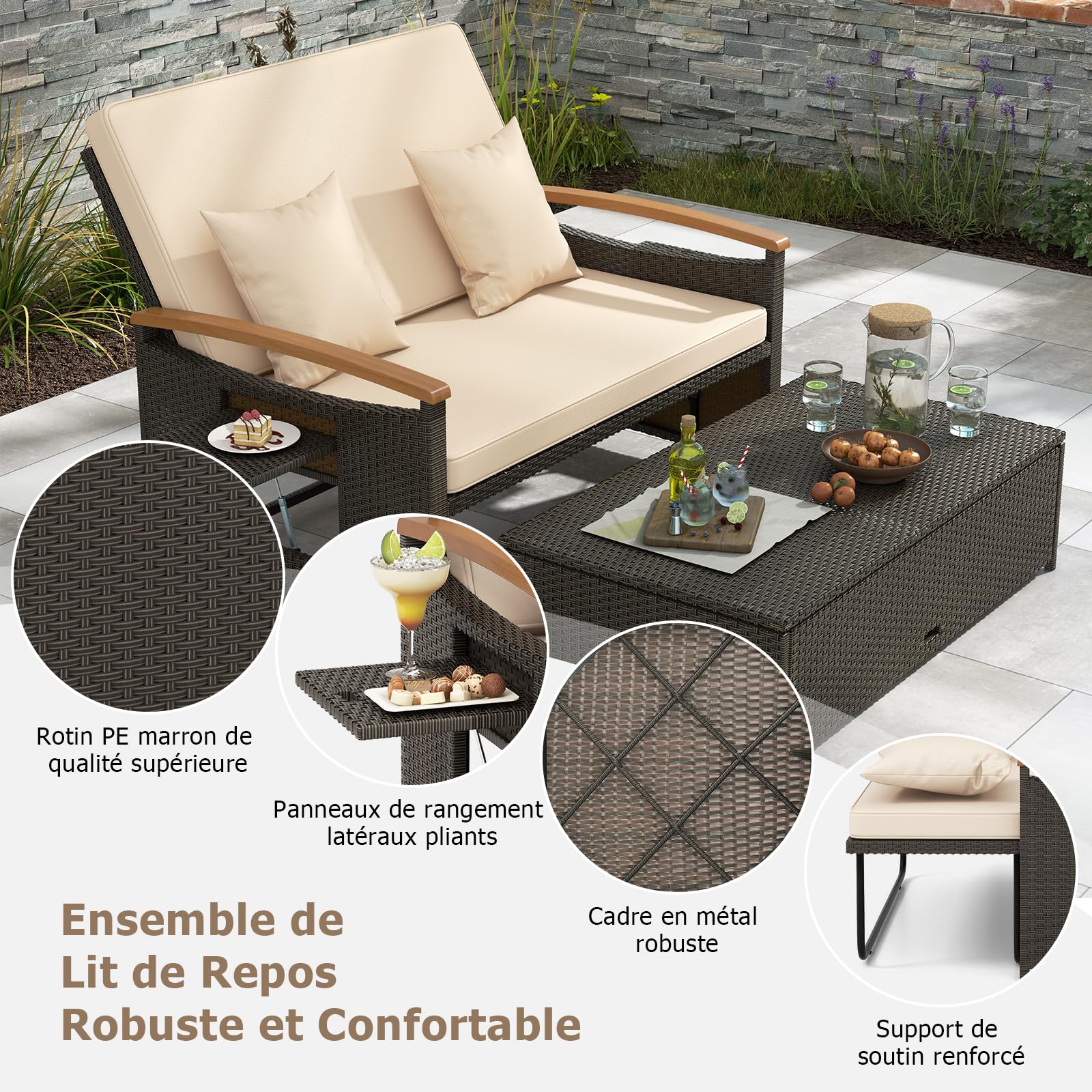 GYMAX 4-en-1 Canapé-Lit de Jardin, Table Basse, Ottoman, Coussins Oreillers Confortables, Dossier Réglable à 4 Niveaux, Salon de Jardin Exterieur en Rotin 2 Personnes, pour Patio, Terrasse, Piscine