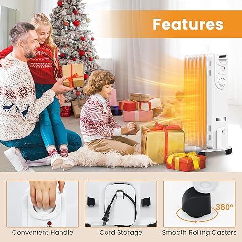 Miniatura 3 de Happygrill Radiador de calentador de aceite de 1500 W, calentador eléctrico con termostato ajustable, 3 ajustes de calor, protección contra