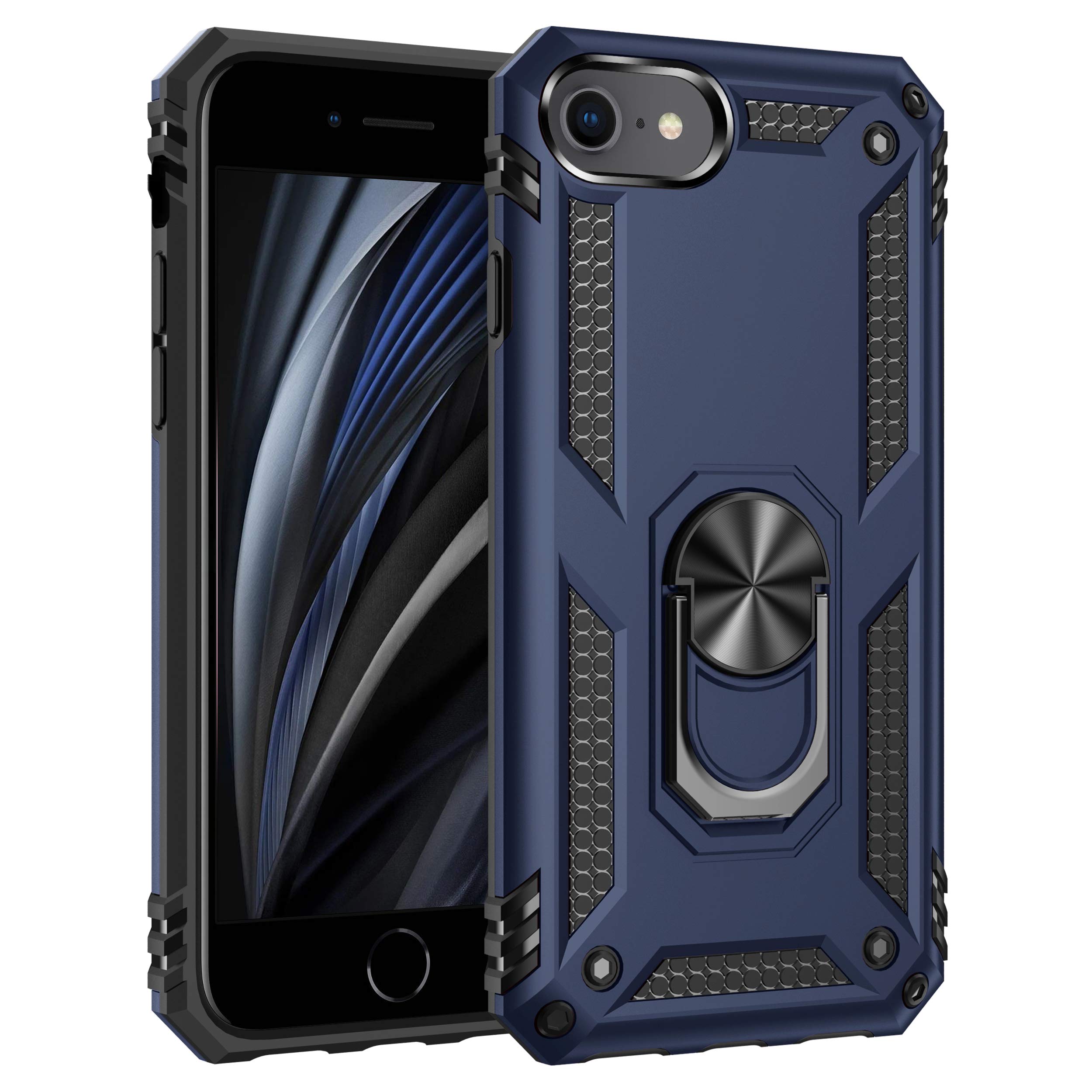 Korecase iPhone SE 2020 Phone Case Military Protection with Built-in 360 Rotation Kickstand Support Car Magnetic Holder Blue