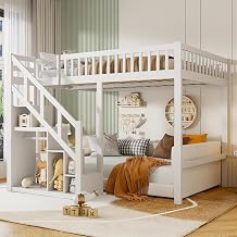 Children's Bunk Bed 140 x 200 cm Bunk Bed 140 x 200 cm with Stairs Storage Grid and Fall Protection Bunk Bed for 2 Children Youth Bunk Bed with Slatted Frame Pine Without Mattress White A01 140 x 200