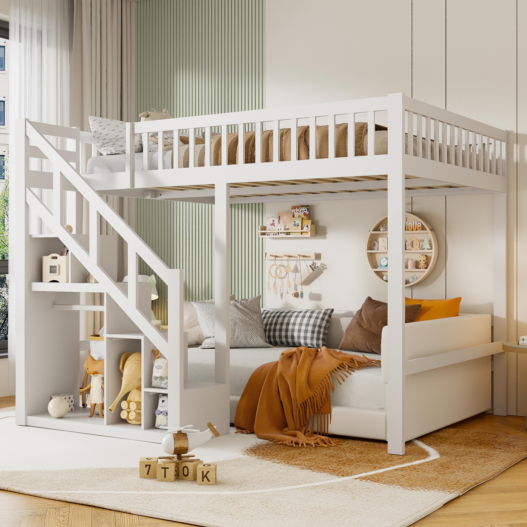 MEXUS Lit superposé Enfant 90x200cm, lit Mezzanine Multifonctionnel avec sommier à Lattes, Espace de Rangement, étagères, escalier, en Bois, avec Armoire Simple, sans Matelas (Blanc, 90x200cm)