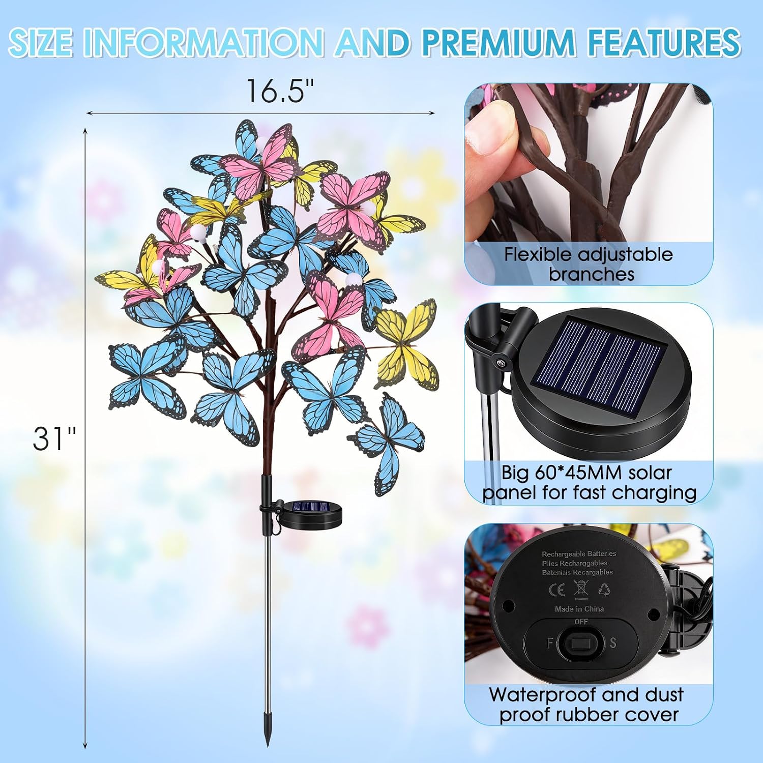 Meagoo Butterfly Solar Lights for Outside, 800mA Whimsical Solar Powered Butterfly Garden Stakes with 20 Butterflies for Outdoor Yard Lawn Flower Garden Cemetery Mothers Day Grave Decorations (4 Pack)