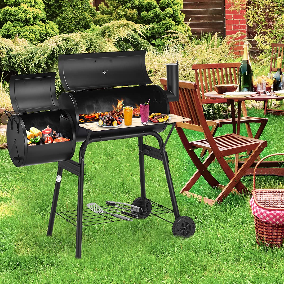 COSTWAY Charcoal BBQ Grill, Garden Barbecue Trolley with Wheels