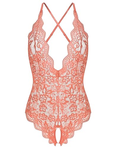 Women One Piece Lingerie Sexy Teddy V Neck Bodysuit Lace Nightie - Medium - Pink